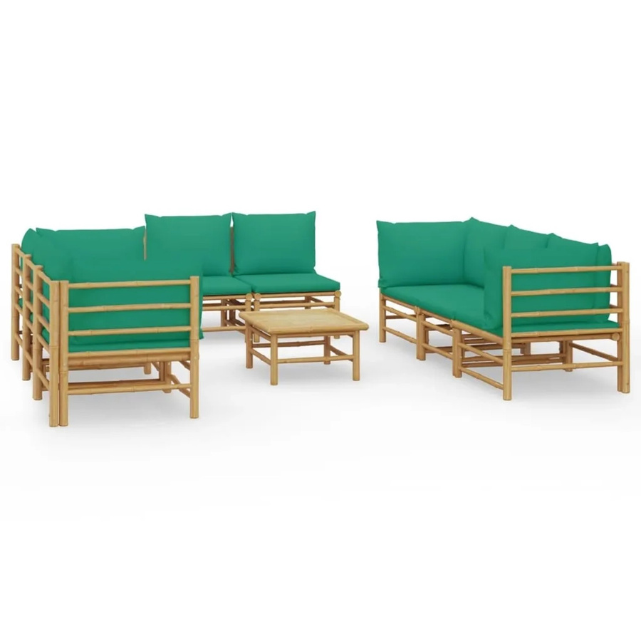 vidaXL 9-tlg Garten-Lounge-Set aus Bambus mit grünen Polsterkissen in L-Form - Bild 2