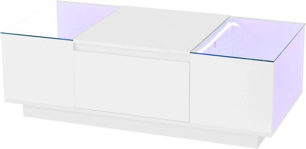 okwish Couchtisch mit LED, Glasplatte und 2 Schubladen in Weiß, B: 105 cm, T: 50 cm, H: 35 cm