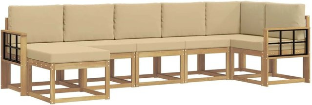 vidaXL Outdoor-Sofagarnitur 7-teilig in L-Form aus Akazienholz mit Kissen in Weiß und Beige - Bild 1