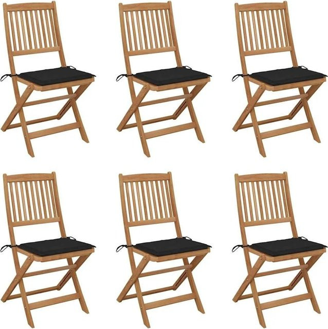 6er Set klappbare Gartenstühle von vidaXL aus Akazienholz mit Kissen in Braun und Schwarz - Bild 1