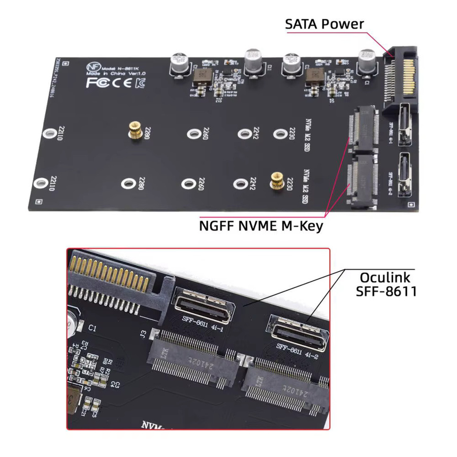 MANDERUILT Oculink auf Dual M.2 NVMe NGFF M-Key PCIe SSD Adapter für Mainboard, Schwarz - Bild 5