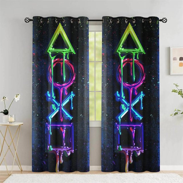 Gaming Controller Neon Vorhänge für Jungenzimmer und Teenager, 2 Paneele, halbtransparent, Mehrfarbig, B: 50 cm, H: 60 cm - Bild 1