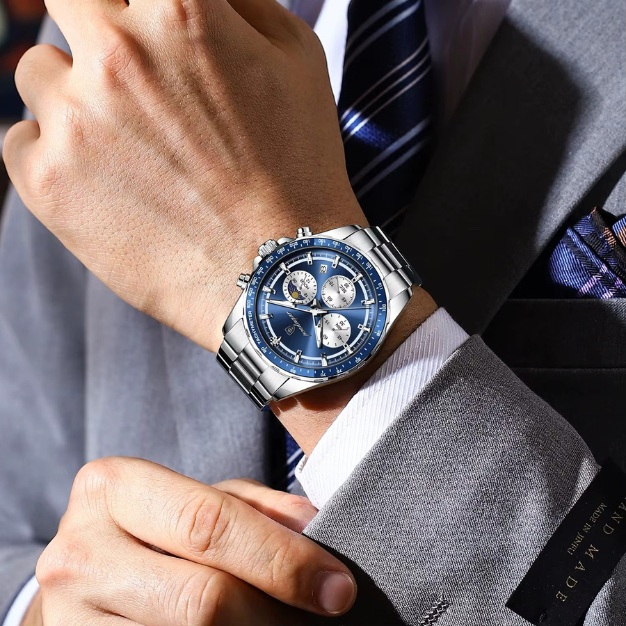 POEDAGAR Armbanduhr Chronograph, Quarz, Edelstahl, Silberblau, Herren - Bild 6