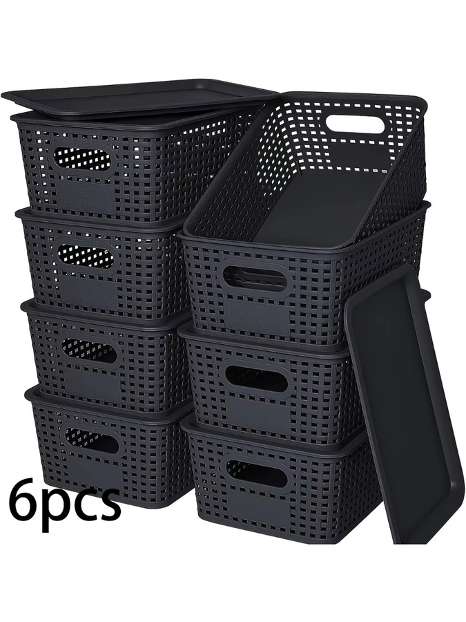 6er Set stapelbare Aufbewahrungsboxen mit Deckel aus Kunststoff in Schwarz, B/T/H: 25,9 x 10,0 x 7,2 cm - Bild 4