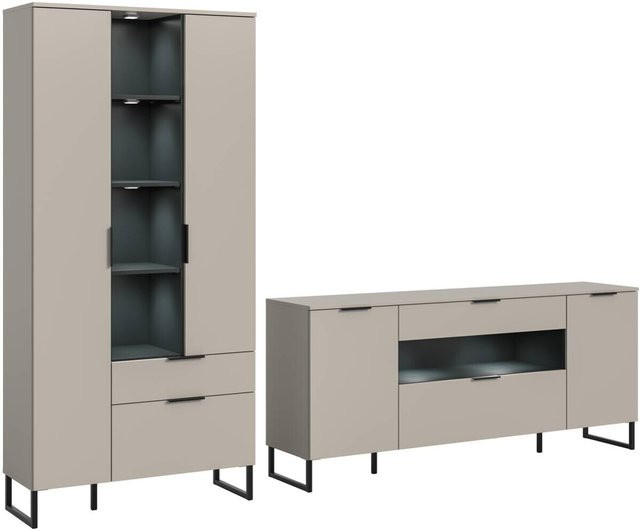 Wohnwand Noida von xonox.home in Kaschmirgrau und Schwarz, modernes Sideboard mit integrierter Beleuchtung und internen Regalen, B/H/T: 290 x 192 x 41 cm - Bild 1