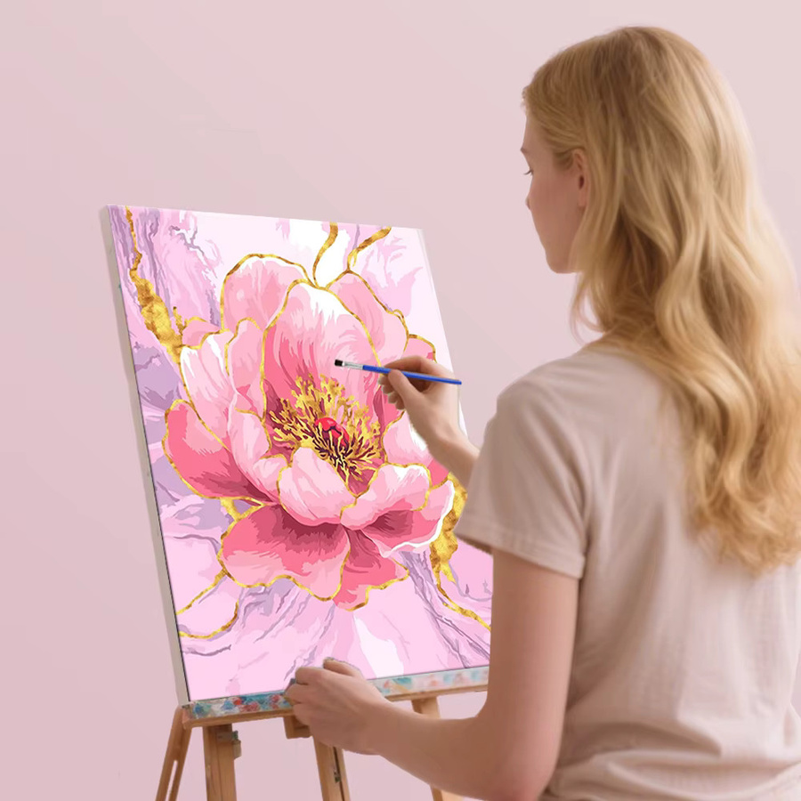 HUACAN Malen nach Zahlen für Erwachsene mit rosa Pfingstrosen-Blumen, handgemaltes Kunst-Set mit bunter Leinwand zur Heimdekoration - Bild 2