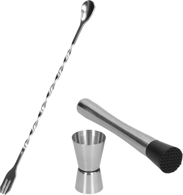 Bar-Zubehör Set aus Edelstahl in Silber mit Cocktail-Messbecher, Muddler und Rührlöffel von mfySpace - Bild 1
