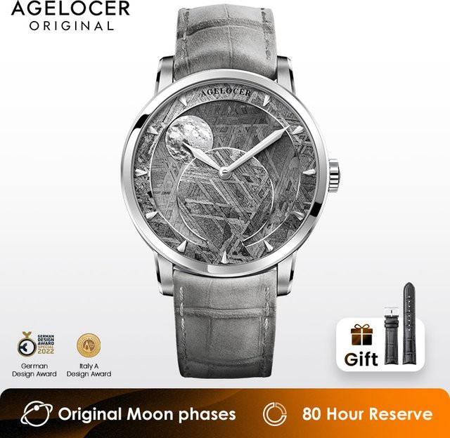AGELOCER Analoguhr, Meteorit Mondphase, Leder, Grau, Herren - Bild 1