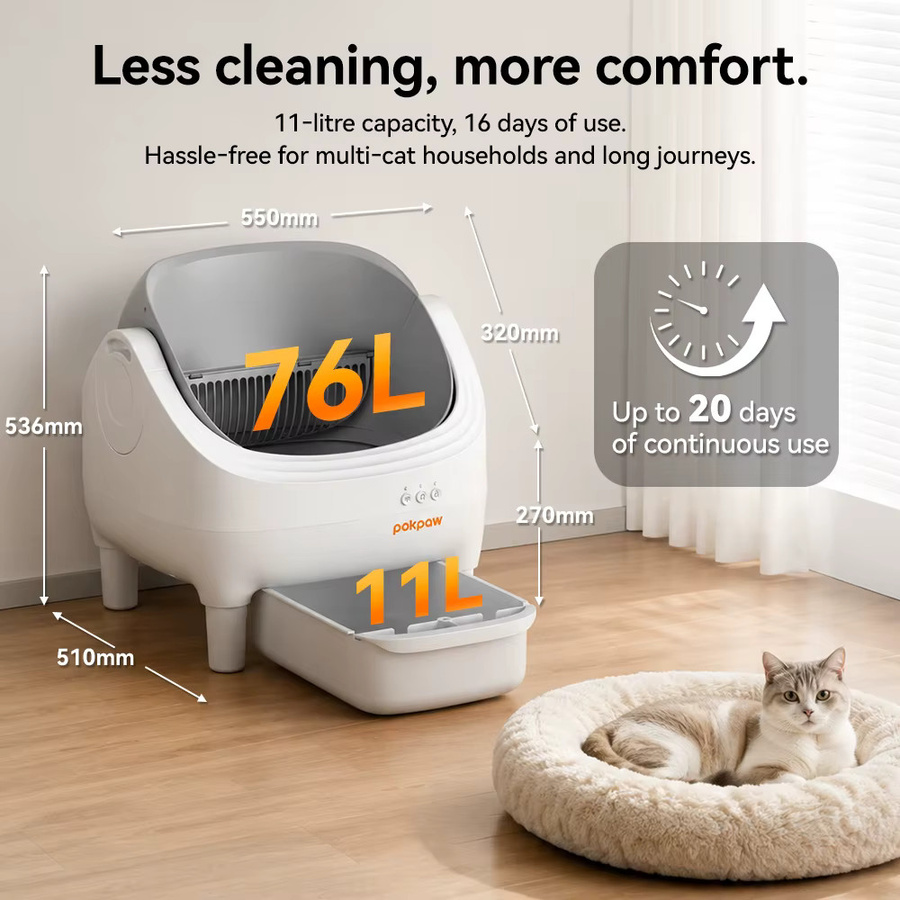 Pokpaw CL16 Intelligente Selbstreinigende Katzentoilette mit App-Steuerung, Automatische Katzenstreubox, 76l, Weiß, Halbgeschlossen - Bild 2