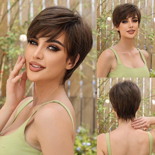 HAIRCUBE Perücke, Pixie-Schnitt mit Pony, dunkelbraun, synthetisch, Damen - Bild 1
