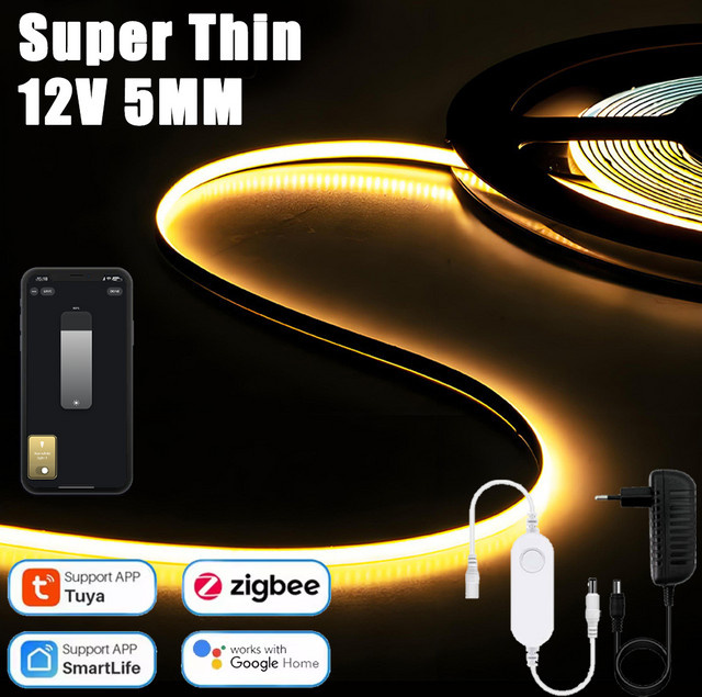 YSRSAI Zigbee 3.0 COB LED-Streifen DC12V, dimmbares superdünnes LED-Band für SmartThings, Breite: 5 mm - Bild 1