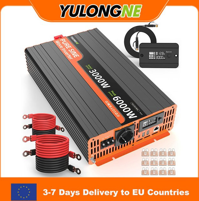YULONGNE Reiner Sinus-Wechselrichter 3000W mit 6000W Spitzenleistung, DC12V zu AC230V, Schwarz, mit Fernbedienung und LCD-Display für Wohnmobile, LKW und Notstromversorgung - Bild 1