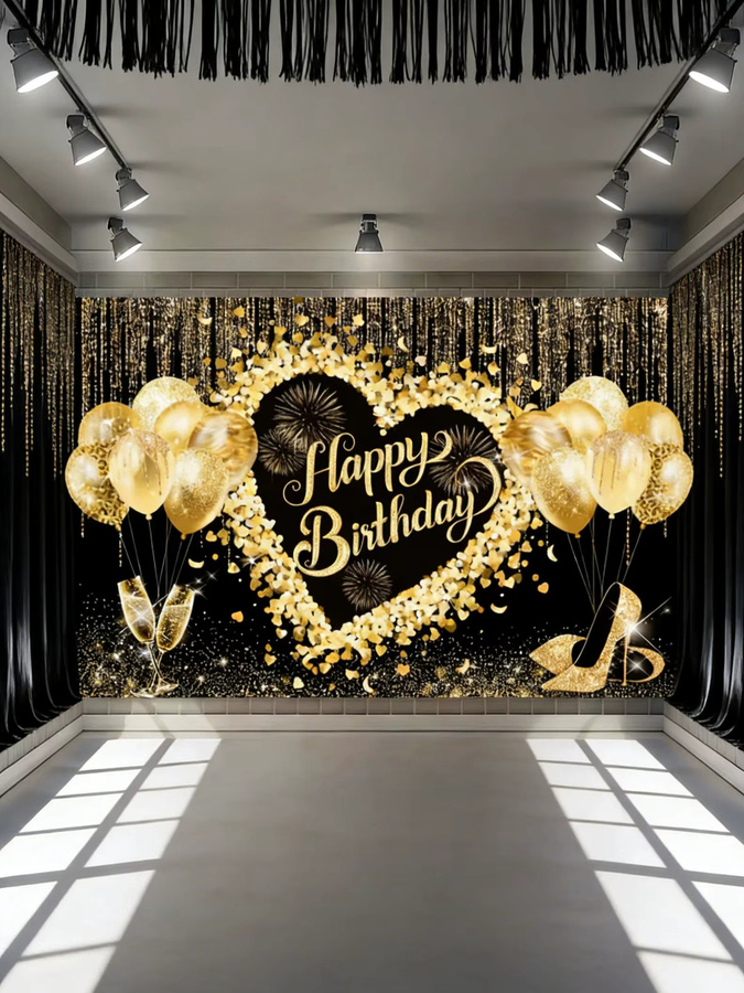 OURFETE Party-Hintergrund für Geburtstage in Schwarz und Gold mit Goldglitter- und Herz-Design als Fotokulisse - Bild 3