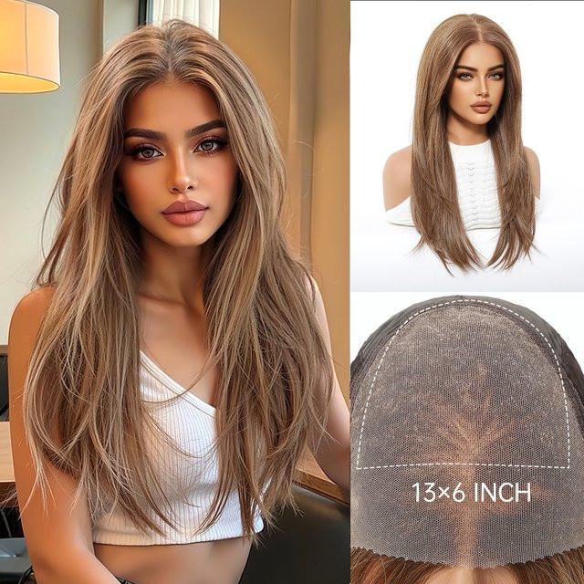 HAIRCUBE Lace-Front Perücke, honigbraun, lang, gerade, geschichtet, Damen - Bild 1