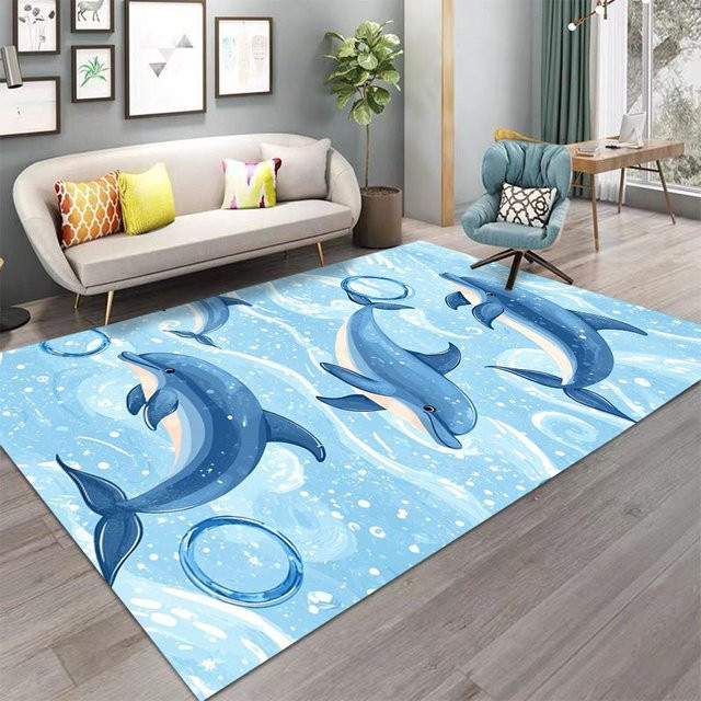 Karpetti Teppich mit Cartoon-Motiv Muscheln Seesterne Delfine in Grau und Blau, B/T: 80 x 50 cm - Bild 1