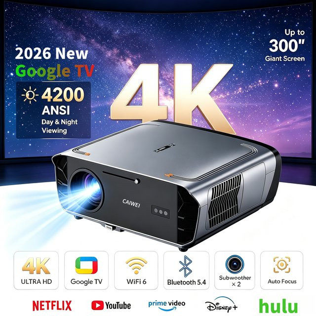 CWEUG Heimkino Projektor mit Google TV, 4K UHD Native 1080P, 4200 ANSI Lumen, TOF Autofokus und Dualen Lautsprechern, Schwarz - Bild 1