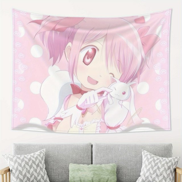 VIKAMA Wandteppich Puella Magi Madoka Magica mit Madoka und Kyubey-Design in Pink - Bild 1