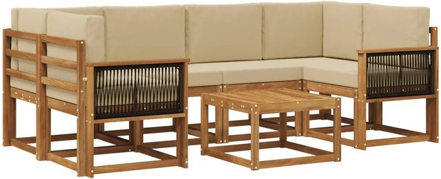 vidaXL Outdoor-Sofagarnitur L-Form aus Akazienholz mit 5 Kissen in Natur-Beige - Bild 1