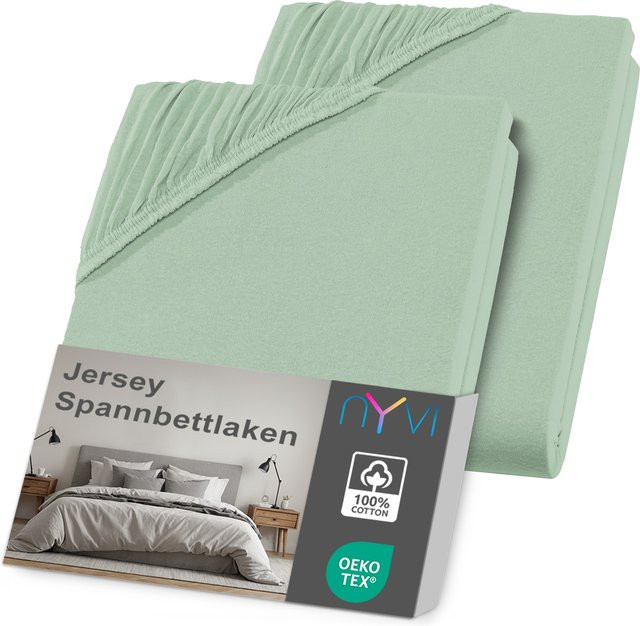 NYVI DreamScience Jersey Spannbettlaken aus 100% Baumwolle, 2er Pack, Farbe: Eukalyptus, Größe: 180 x 200 cm bis 200 x 200 cm, Matratzenhöhe bis 22 cm - Bild 1