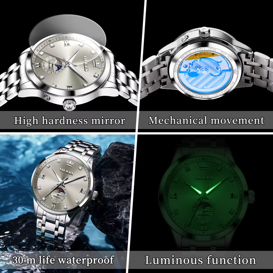OLEVS Armbanduhr, Automatik, Edelstahl, Silber, Diamant, Mondphase, Herren - Bild 6