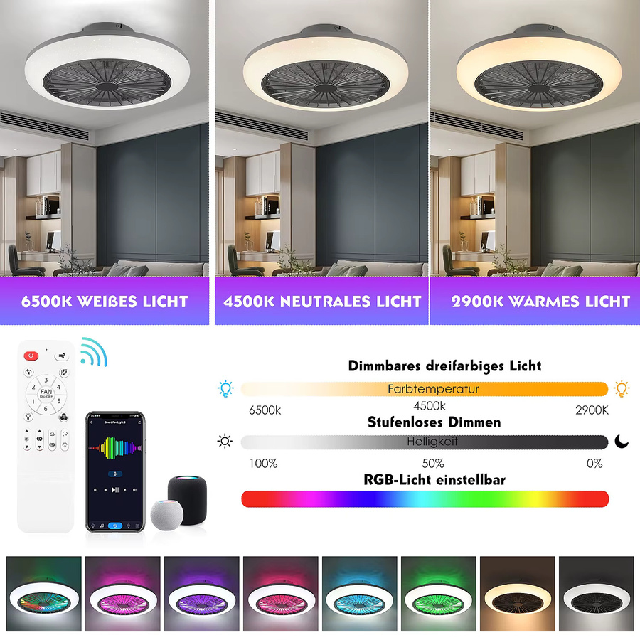 Oyajia Deckenventilator mit LED-Licht und RGB-Farbwechsel, 50W, dimmbar, 6 Geschwindigkeitsstufen und Timer für Wohnzimmer und Schlafzimmer - Bild 3