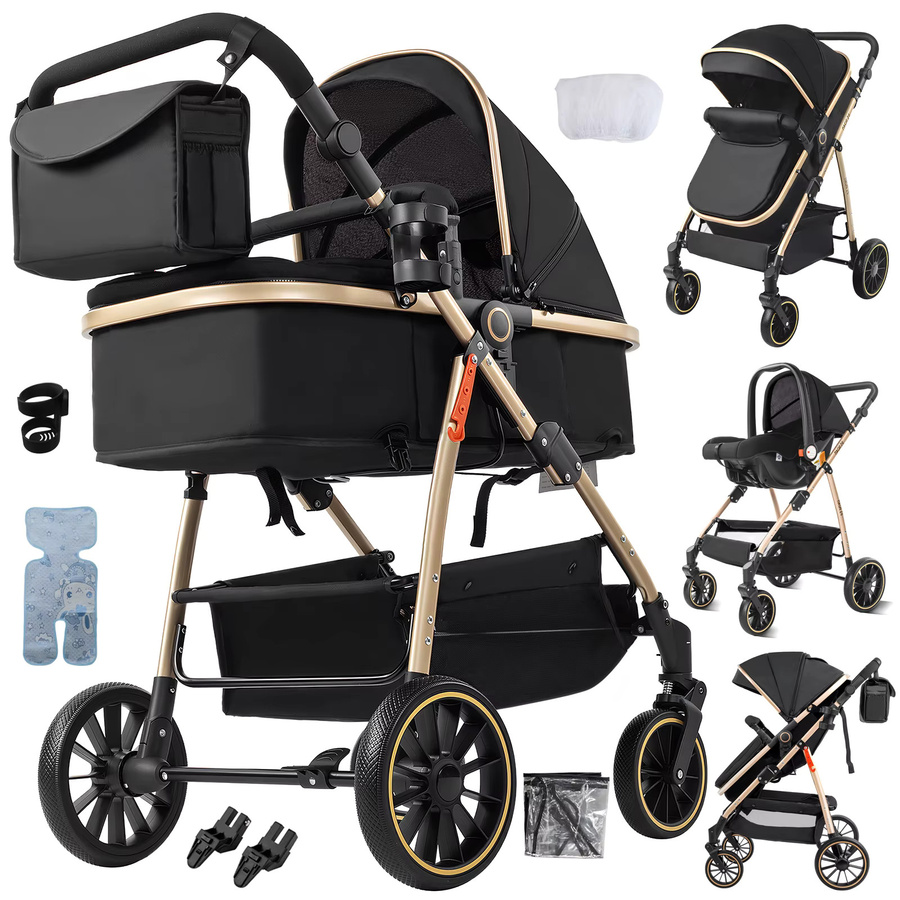 Prokoke 3-in-1 Baby-Kinderwagen Reisesystem mit Babyschale, Babytragetasche und Liegewagen in Schwarz-Gold - Bild 7