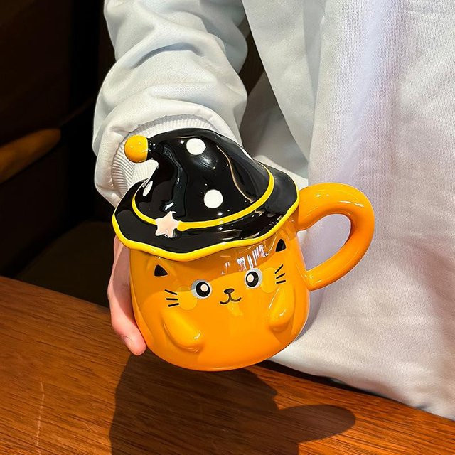 Yiran toy 1 Keramiktasse mit Deckel im Katzen- und Geister-Design, 380 ml, Mikrowellengeeignet, Farben: Grün und Orange - Bild 1