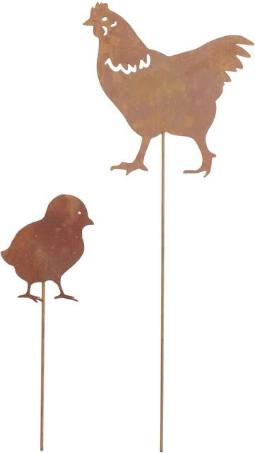 Boltze Home Gartenstab Marlene mit Huhn- und Kükenmotiven in Braun, Eisen, Höhe: 32 cm, Breite: 12 cm, Tiefe: 2 cm - Bild 1