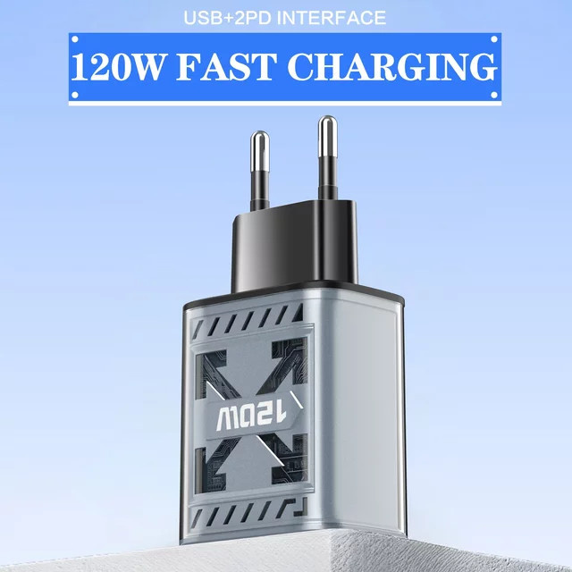 120 W USB-Ladegerät mit QC3.0 und PD Typ C Schnellladung, Wandadapter in Grau für iPhone 15 16, Xiaomi und Samsung S24 - Bild 1
