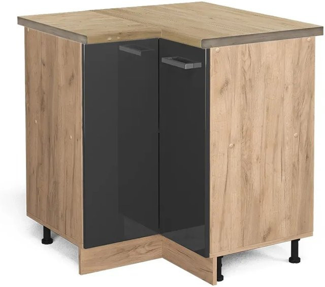 Vicco Eckunterschrank R-Line Küche Anthrazit Hochglanz und Eiche, B/T/H: 75,6 x 60,0 x 81,6 cm - Bild 1