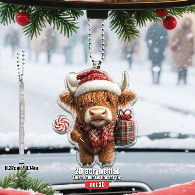 Weihnachtsbaum-Anhänger aus Acryl mit Kuh-Motiv und Weihnachtsmütze für die Dekoration von Zuhause oder Auto - Bild 1