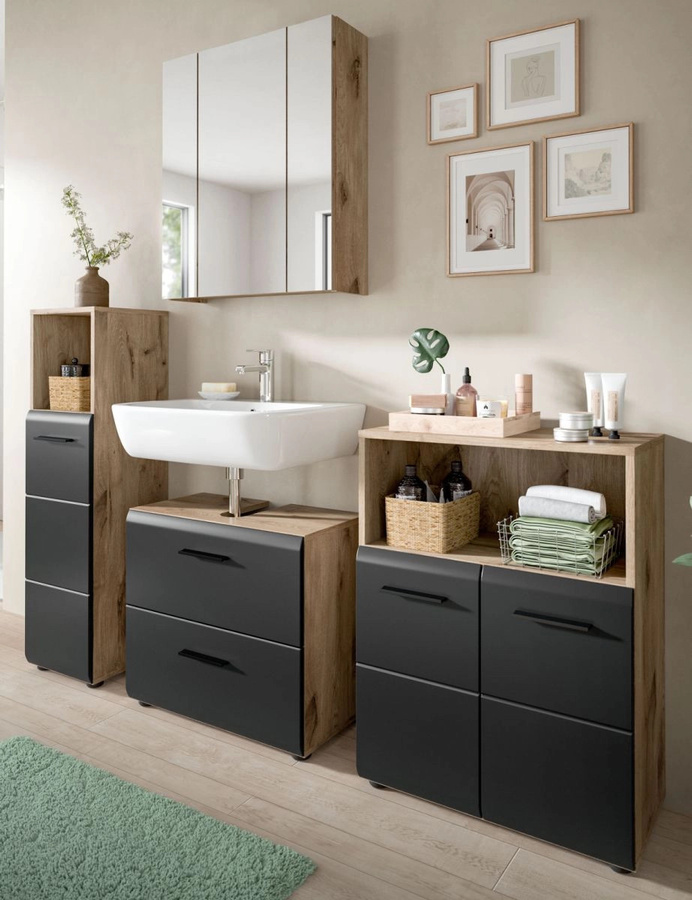 Badmöbel Set Cover von Inn.Furn in Schwarz und Eiche, 4-teilig, modern, mit Waschtischunterschrank und Spiegelschrank, Breite: 180 cm - Bild 1