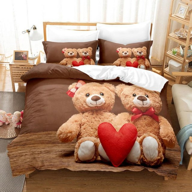 Bettwäscheset mit Cartoon-Bären von Binchi Outdoor Product, braun, Material: Mikrofaser-Polyester, Set bestehend aus Bettbezug und Kissenbezügen, B/H: 140 x 200 cm - Bild 1
