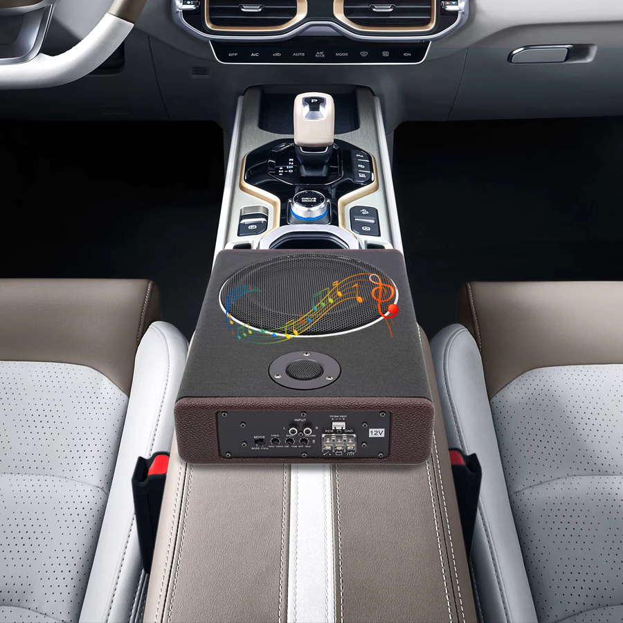 Aktiver Subwoofer mit 600 W Leistung und Bluetooth für dein Auto-Stereo-Audiosystem aus Holz und Edelstahl in Braun und Silber - Bild 2