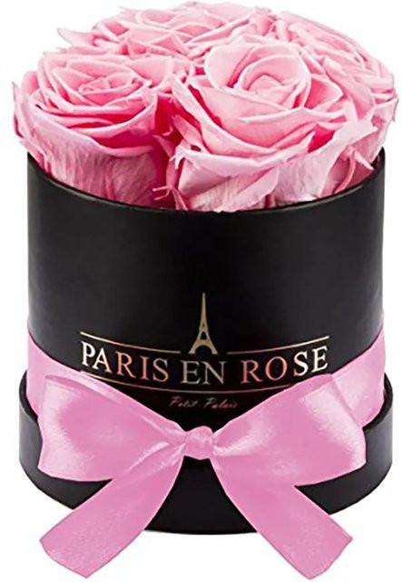 PARIS EN ROSE Rosenbox Schwarz mit 4 rosa Rosen und Schleife, Durchmesser: 10 cm - Bild 1