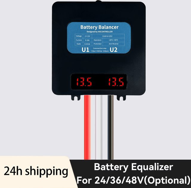 Batterie-Balancer mit LED-Anzeige für 2 x 12 V LiFePO4 und GEL Lithium-Batterien, 10-15 V, 0-10 A, Farbe: Schwarz - Bild 1