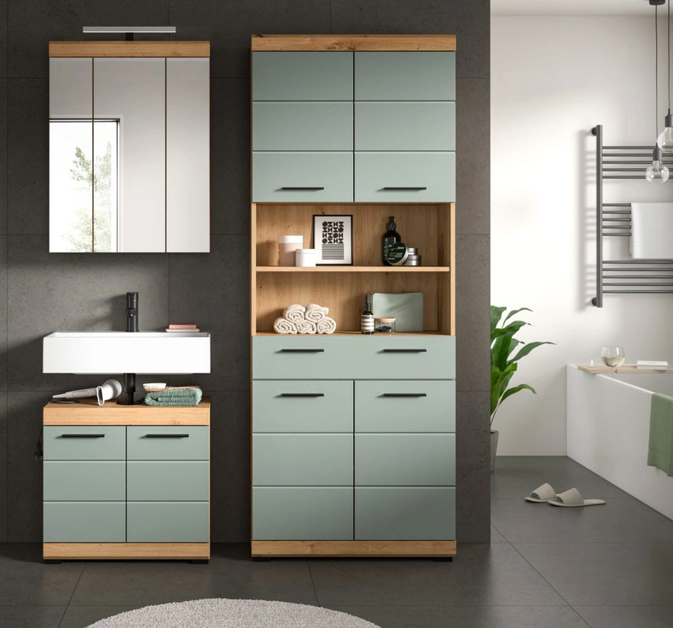 3-teiliges Badmöbel Set Shawn von Inn.Furn in Grün und Eiche mit LED-Beleuchtung, Breite: 149 cm - Bild 2