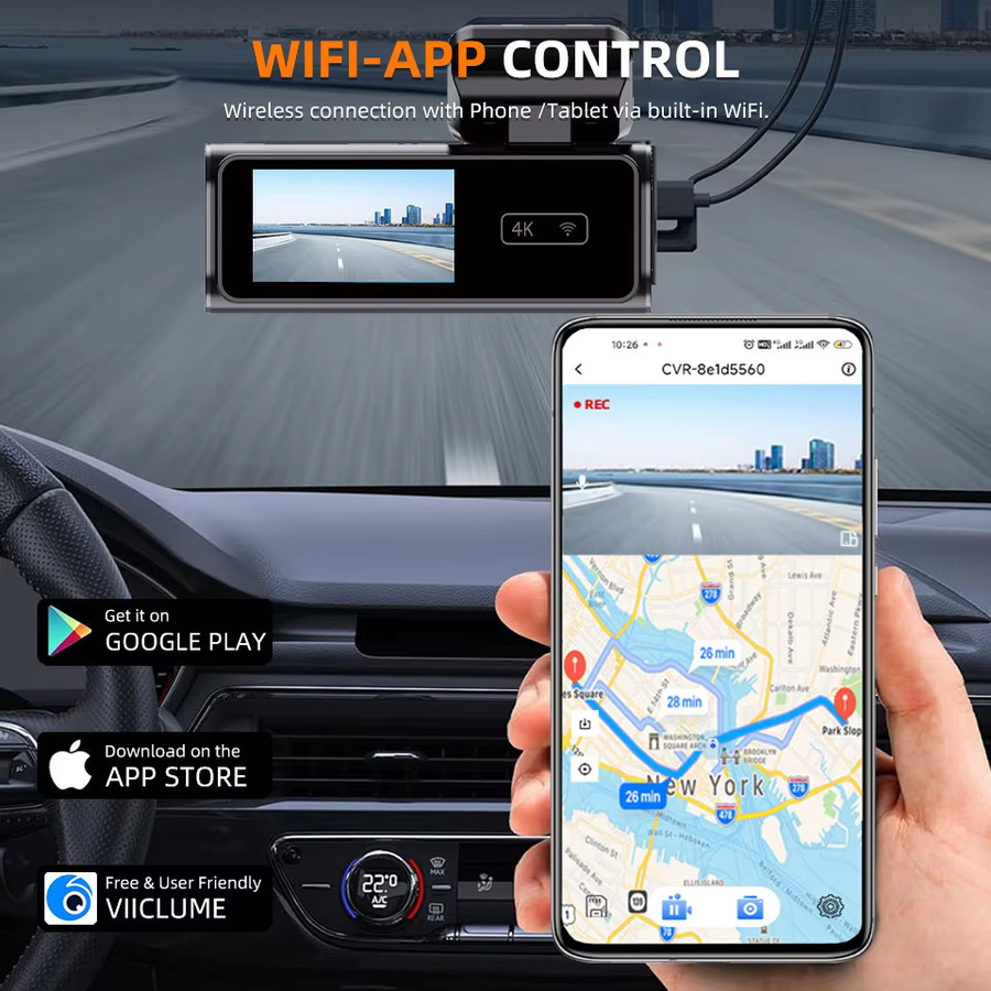 ACCEO 4K Auto-Dashcam mit WLAN und GPS, Mini-DVR mit Dual-Objektiv, 1080P Nachtsicht, 24H Parküberwachung und APP-Steuerung, Black Box - Bild 5