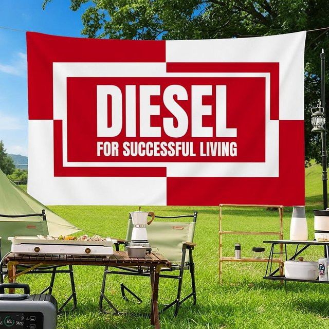 Diesel Wandfahne für den Innen- und Außenbereich in Weiß und Rot, rechteckiges Textil-Banner - Bild 1