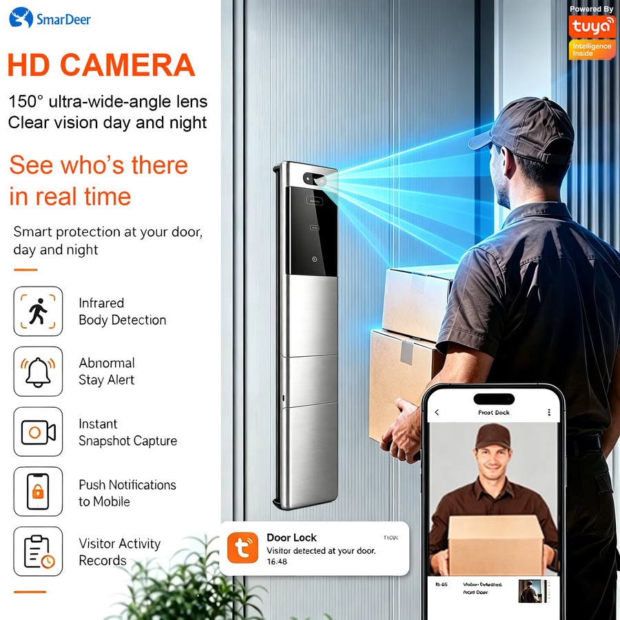 SmarDeer Smart Door Lock Biometrisches Türschloss mit 3D-Gesichts- und Handvenenerkennung, IP66 Wasserdicht, Tuya WiFi Fernsteuerung, Farbe: Silber - Bild 4