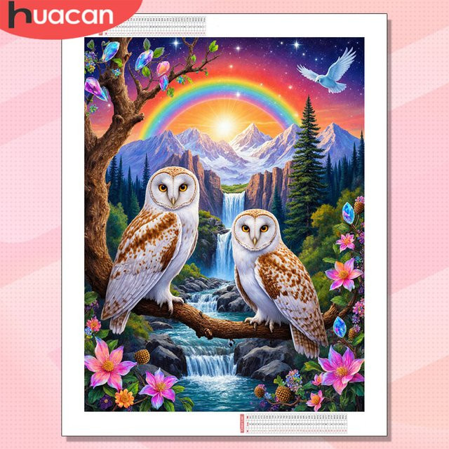 HUACAN Diamant-Malerei Eule Tier Mosaik Wasserfall 5D Komplettset, Multicolor, B: 30,0 cm, H: 20,0 cm - Bild 1