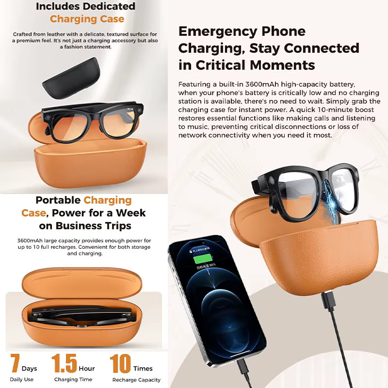 BCall Smart Sonnenbrille mit 4K HD Kamera und KI-Übersetzungsfunktion, 800W, inklusive 3600mAh Ladecase, in Schwarz oder Rot - Bild 3