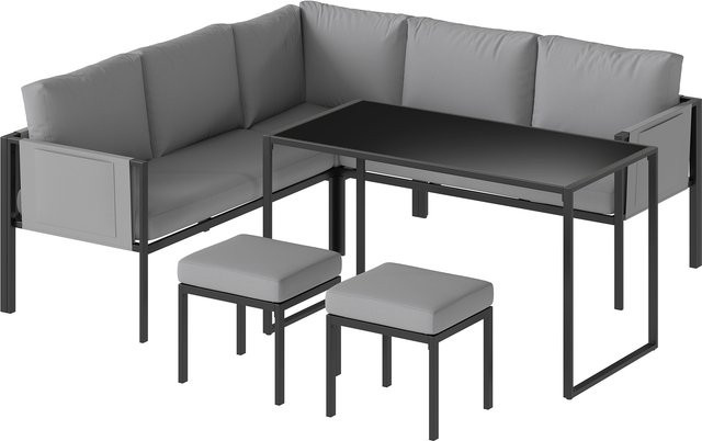 Outsunny Gartenlounge 6-teiliges Ecksofa Set in Grau mit Polstern, Tisch und Hockern aus Stahl und Textilene - Bild 1