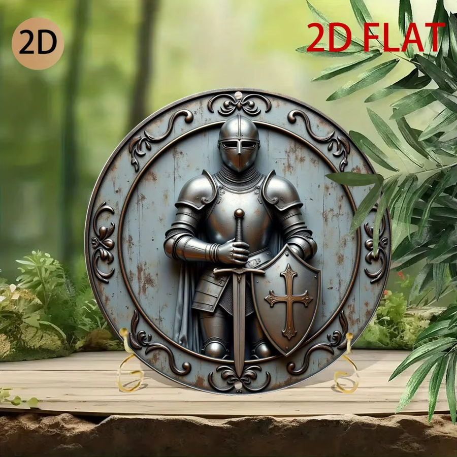 CIFBUY Mittelalterlicher Ritter Wandkunst aus Aluminium, rundes 3D-Schild in Silber, Dekor für Zuhause und Garten - Bild 4