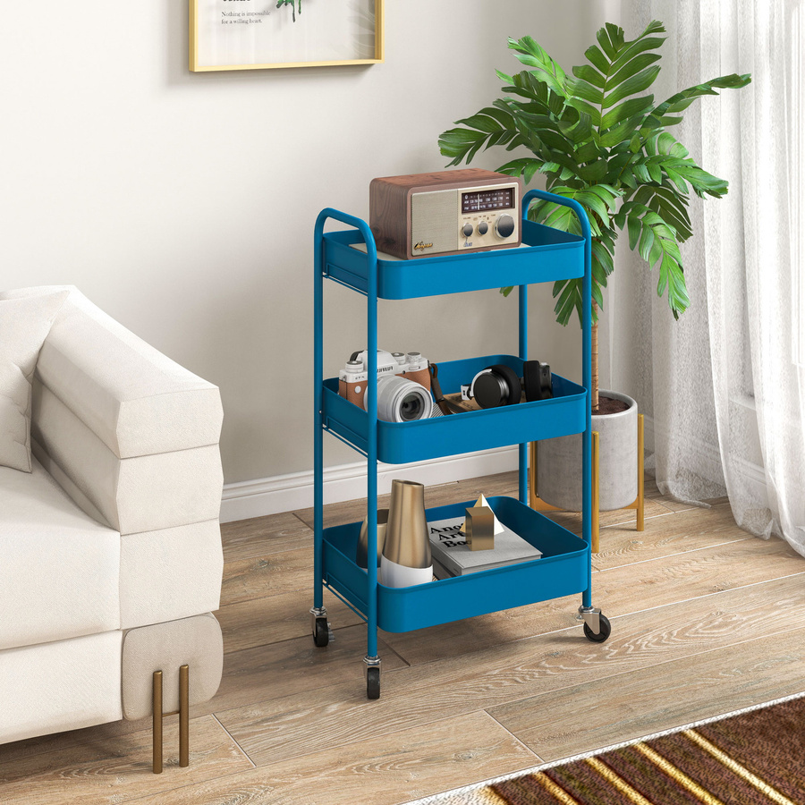 Aosom HOMCOM Servierwagen aus Stahl mit 3 Etagen und Rollen, Dunkelblau, B/T/H: 45 x 30,6 x 79 cm - Bild 2