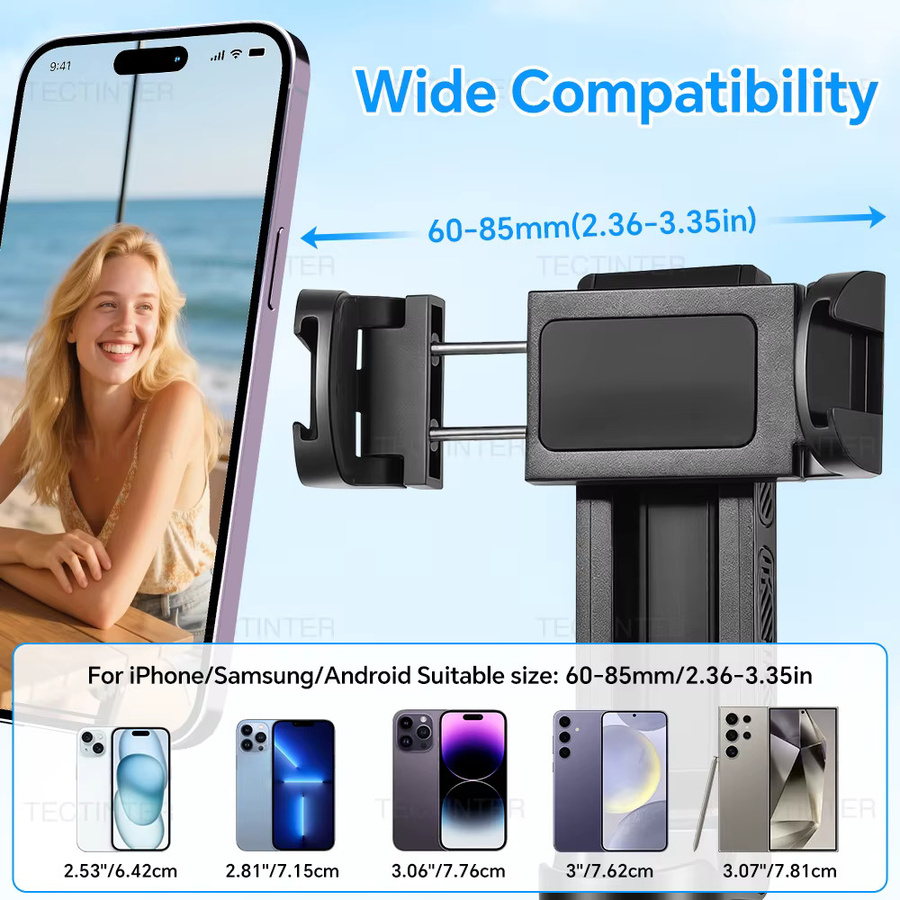 TECTINTER Faltbares Selfie-Stick-Stativ mit kabelloser Fernbedienung und Handyhalterung für iOS und Android, Schwarz - Bild 3