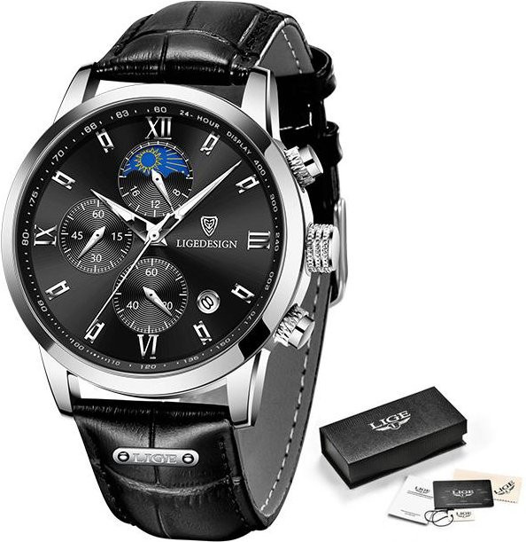 LIGE Armbanduhr Quarz, Chronograph, Leder Armband, Herren, silber/weiß - Bild 1