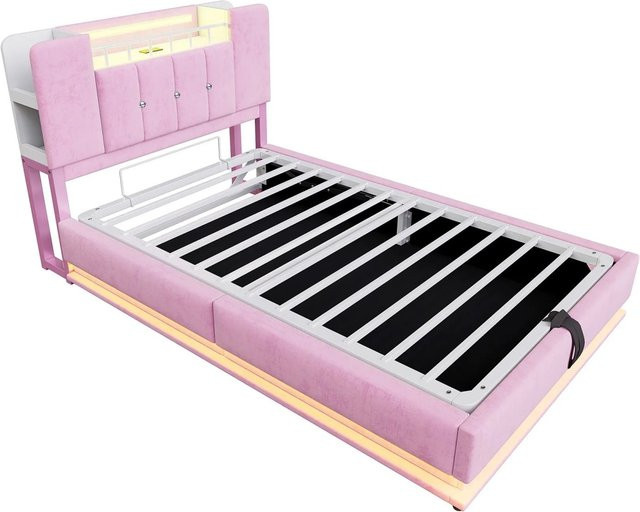 okwish Kinderbett mit LED-Beleuchtung und USB-Ladeport in Rosa, mit Stauraum und Lift-up-Funktion, B/T/H: 90 x 200 x 107 cm - Bild 1