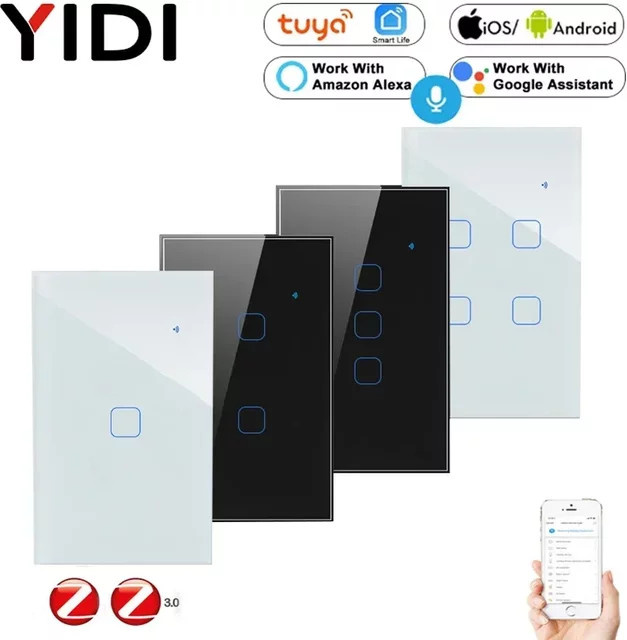 YIDI Smart Lichtschalter mit Zigbee und WiFi, Tuya kompatibler Touch-Wandschalter für Alexa und Google Assistant, 1- bis 4-Gang, 2- oder 3-Wege-Steuerung, erhältlich in Gold/Messing oder Weiß - Bild 1