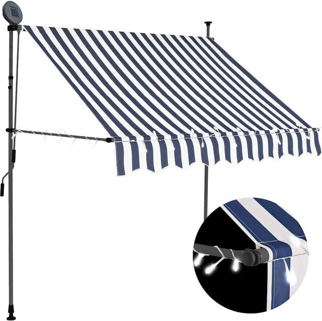vidaXL Handbetriebbare Markise mit LED aus Polyester und Stahl, Blau-Weiß, Breite: 200 cm - Bild 1